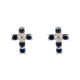 18K White Gold Blue Sapphire with Diamond Cross Stud Earrings